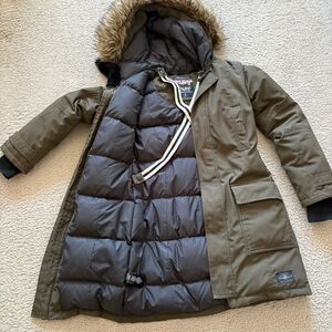Aritzia Olive Green Parka Coat with Faux Fur Hood Small